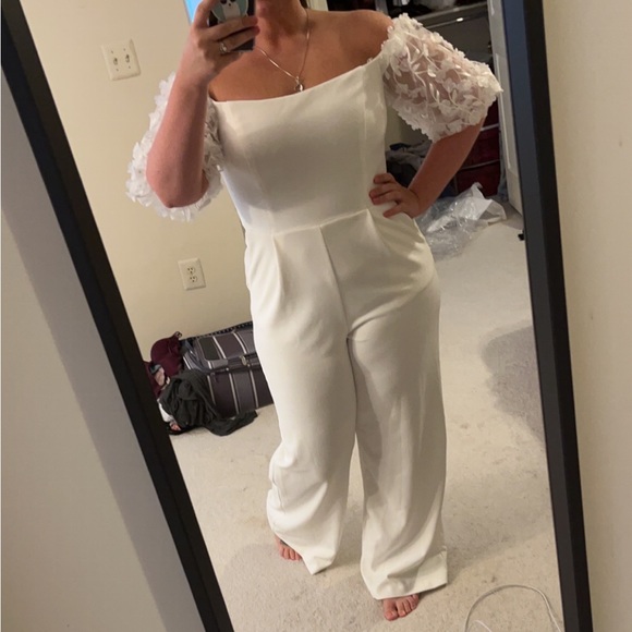 David’s Bridal off-the-shoulder floral puff sleeve jumpsuit - Picture 6 of 14